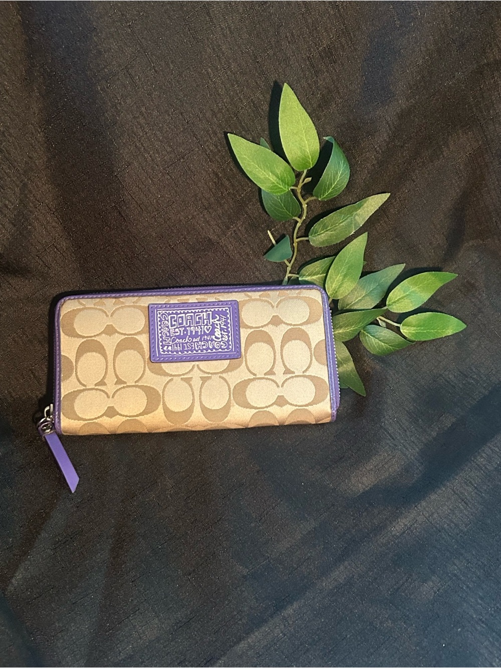 Coach Beige Signature Zip Wallet with Purple Trim